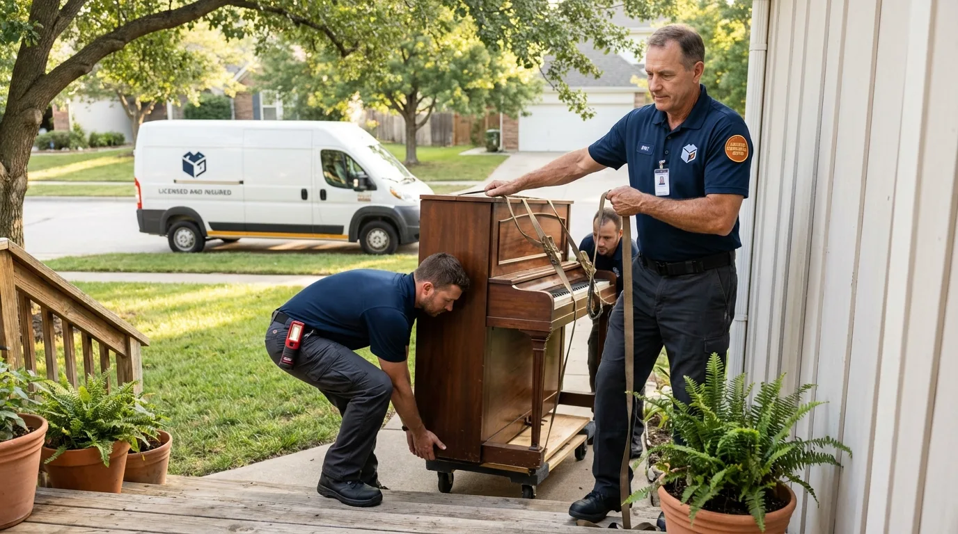 Licensed piano movers securing grand piano in Polk City, IA