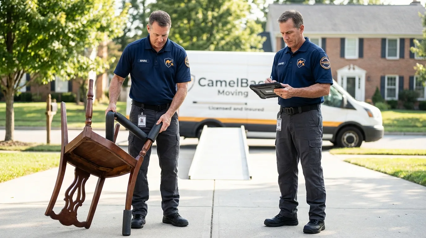 Movers inspecting furniture for damage prevention before loading in Polk City, IA