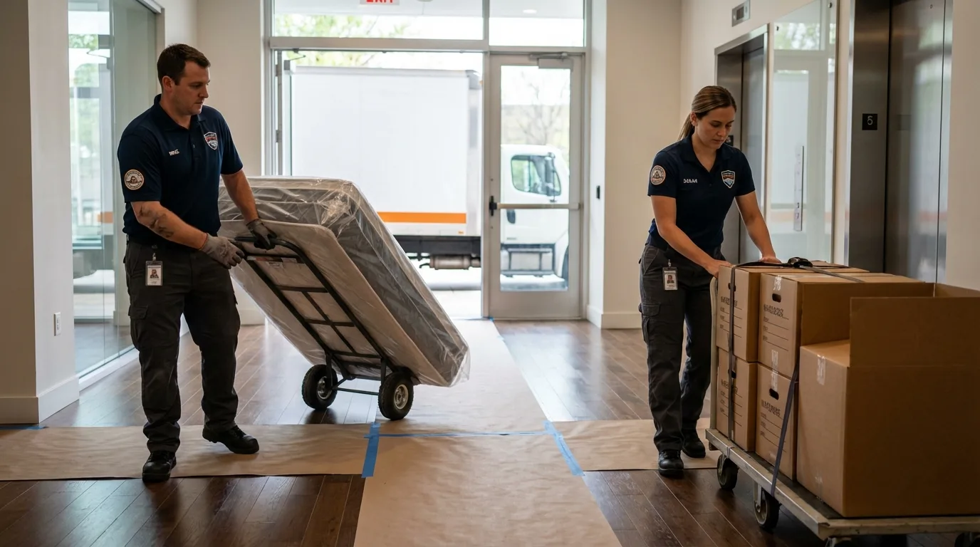 Professional apartment movers loading elevator in Polk City, IA