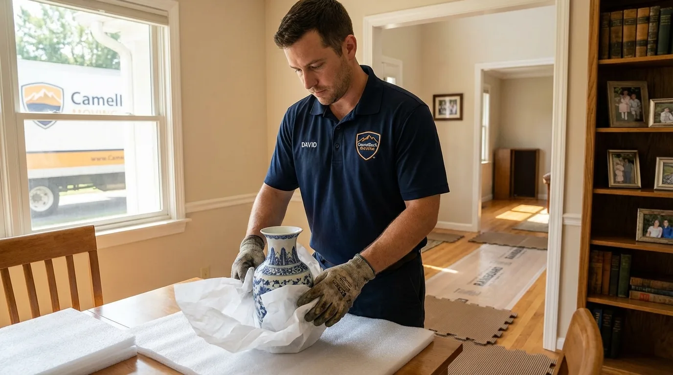 Professional crew carefully wrapping antique vase for senior downsizing move in Polk City, IA