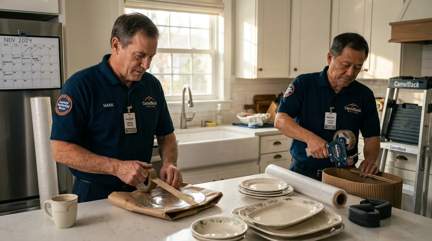Professional crew packing kitchen dishware in Polk City, IA